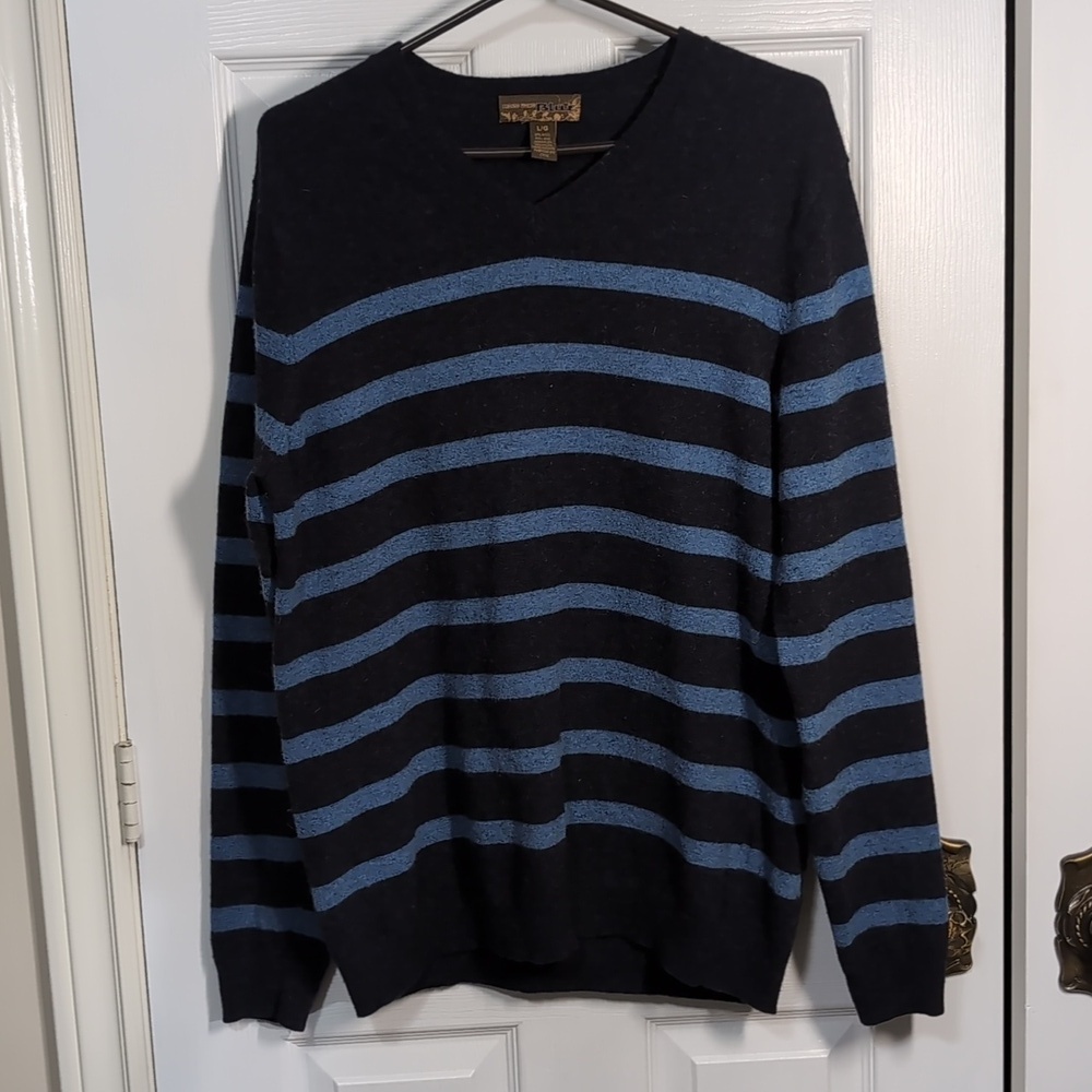 Pronto Uomo Wool V-Neck Sweater in Navy and Blue Stripes Large